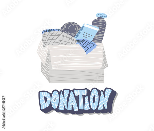Donation concept. Box with stuff and text.