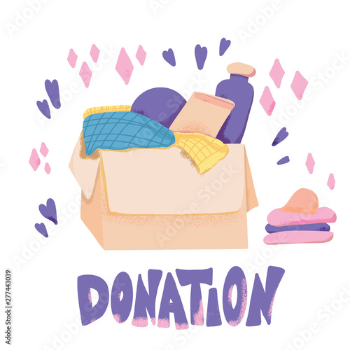 Donation concept. Box with stuff and text.