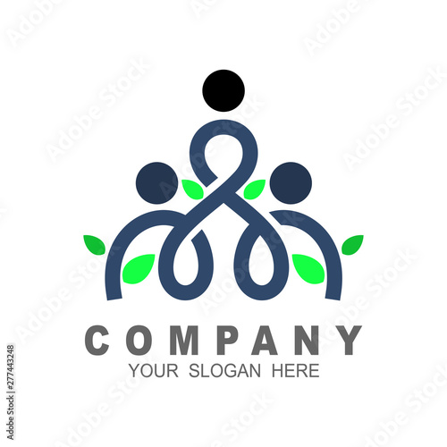 People family together human unity logo vector, line icon, human symbol, people and leaf