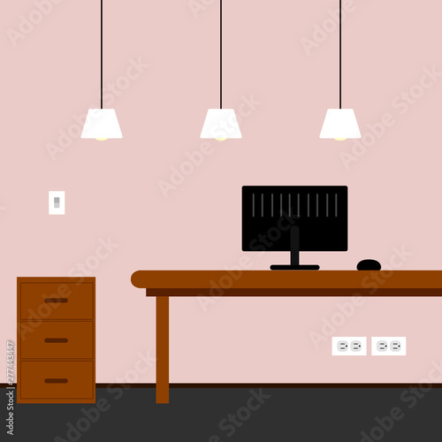 Colored business workspace with different objects like chairs  desk and computer - Vector