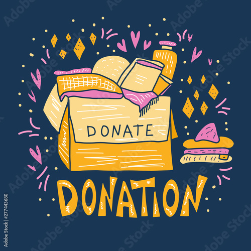 Donation concept. Box with stuff and text.