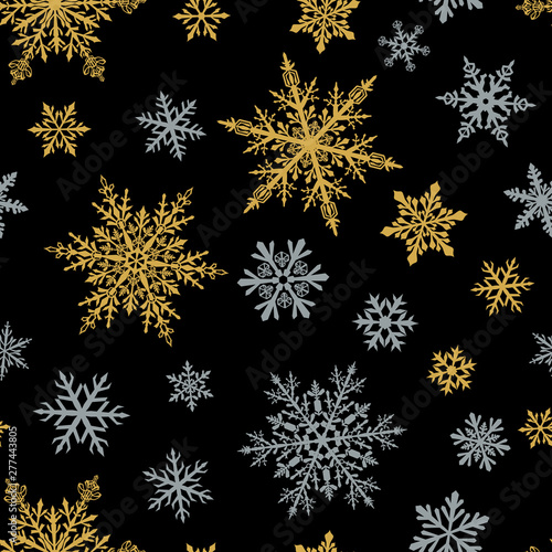 Christmas seamless pattern of complex small snowflakes in gray and yellow colors on black background