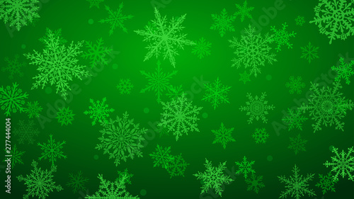 Christmas background with various complex big and small snowflakes in green colors