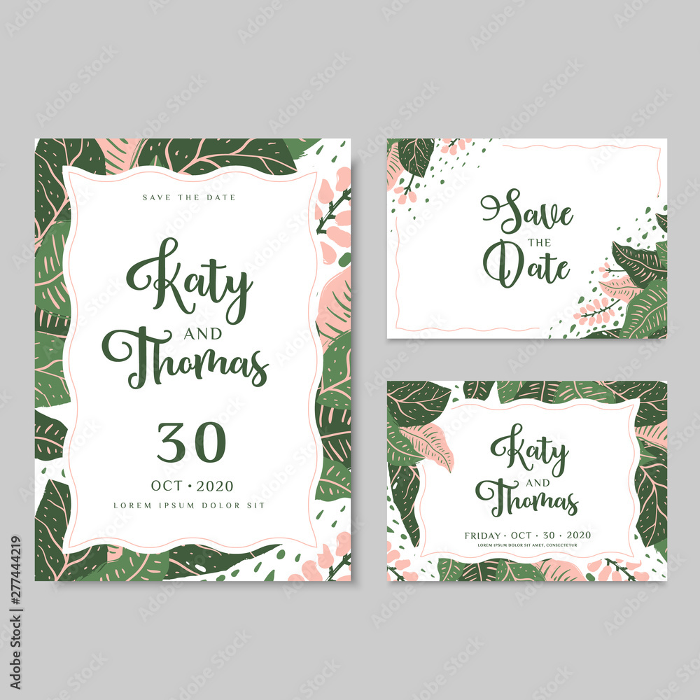Wedding invitation cards with tropical leaves and flowers. Vector illustration in hand drawn style