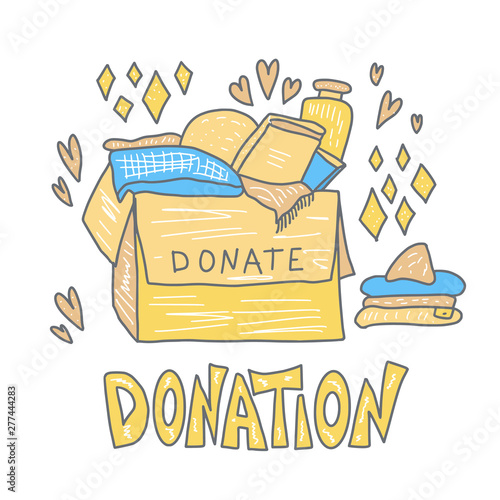 Donation concept. Box with stuff and text.