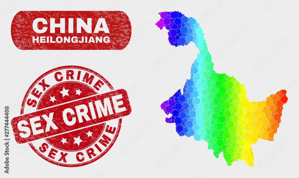 Obraz premium Spectrum dot Heilongjiang Province map and watermarks. Red rounded Sex Crime scratched seal stamp. Gradiented rainbow colored Heilongjiang Province map mosaic of random circle elements.