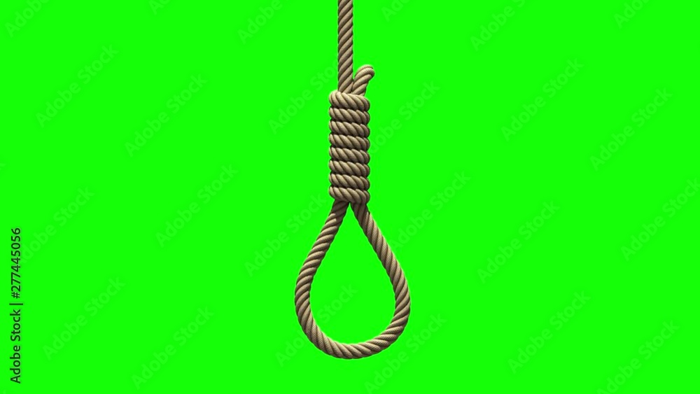Hangman's noose on green screen. A rope with a knot for suicide or