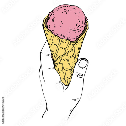 Sketch Woman hand holding an ice cream cone. Ink hand drawn style ice cream waffle