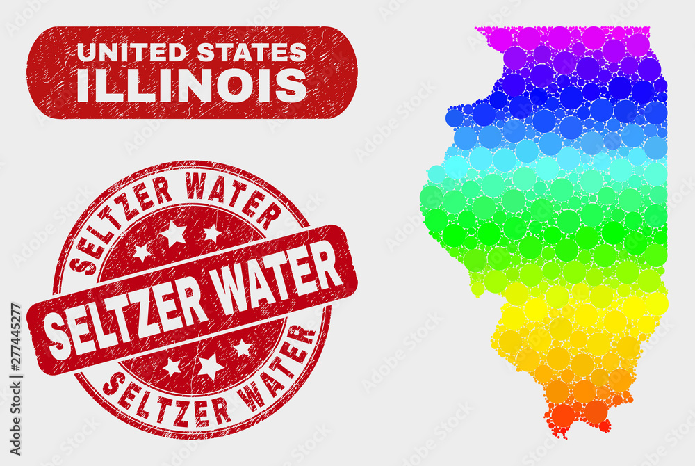 Rainbow colored dotted Illinois State map and seal stamps. Red round Seltzer Water grunge seal stamp. Gradient rainbow colored Illinois State map mosaic of scattered round elements. Rainbow colored dotted Illinois State map and seal stamps. Red round Seltzer Water grunge seal stamp. Gradient rainbow colored Illinois State map mosaic of scattered round elements.
