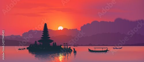 Red sunset with silhouette of famous balinese Ulun Danu water temple and fisherman boats on lake Bratan, Bali, Indonesia. Realistic vector illustration background
