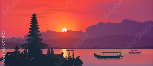 Famous balinese water temple Ulun Danu and fisherman boats silhouettes on red sunset background with clouds and reflection. Vector horizontal banner background