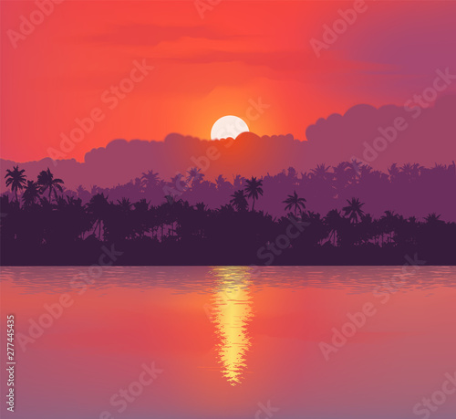 Red sunset background with clouds and reflection in calm ocean. Vector banner and poster background