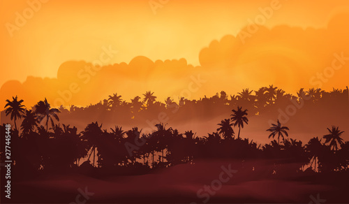 Palm trees silhouettes in yellow fog, tropic forest in sunset light vector illustration for banner background