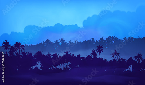 Blue evening light cloudy sky with palm trees tropical forest silhouettes in fog, vector illustration banner background