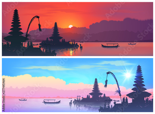 Set of vector travel banners with balinese landscapes of traditional Bali temple silhouettes and fisherman boats on sunset and sunrise sky background