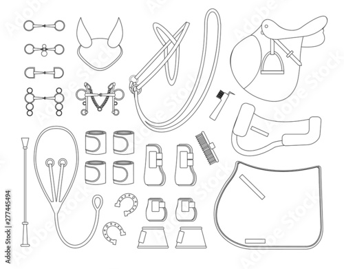 Vector black line set of horse tack and gear equipment for riding and show jumping isolated on white background