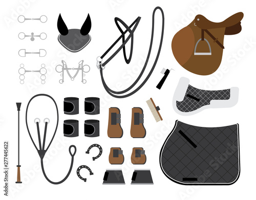 Vector flat cartoon set of horse tack and gear equipment for riding and show jumping isolated on white background 
