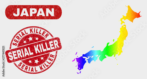 Rainbow colored dotted Japan map and watermarks. Red rounded Serial Killer distress watermark. Gradiented rainbow colored Japan map mosaic of scattered round elements.