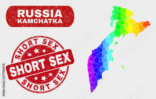 Rainbow colored dot Kamchatka map and rubber prints. Red rounded Short Sex textured seal. Gradient rainbow colored Kamchatka map mosaic of random small circles. Short Sex stamp with grunge texture.