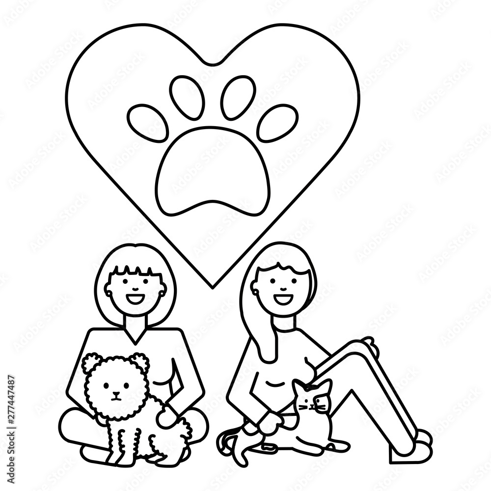 young women with cute cat and dog mascots young women with cute cat and dog mascots
