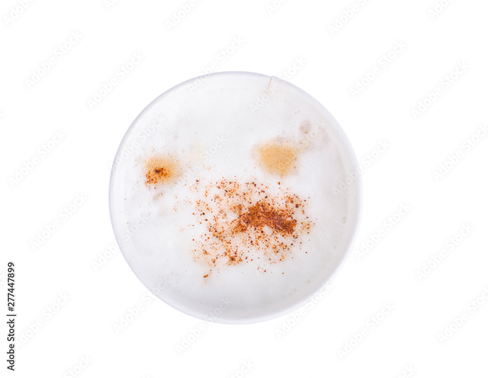 Disposable black paper cup with cappuccino, latte. Disposable black paper cup with cappuccino, latte.