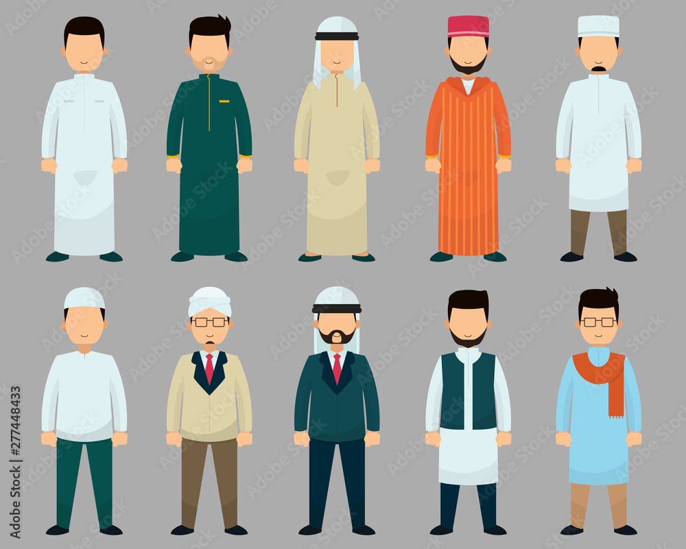 Set of man diversity in muslim style, cartoon character vector illustration.