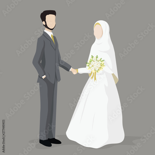 Bride and groom, muslim couple character design wedding illustration. 