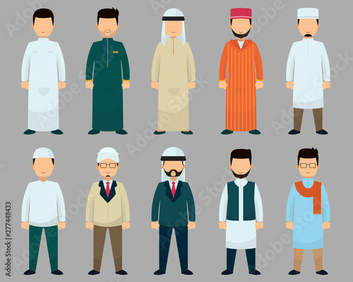 Set of man diversity in muslim style, cartoon character vector illustration.