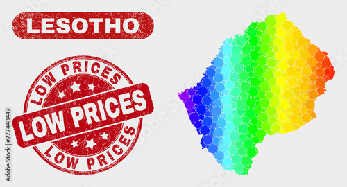 Spectral dotted Lesotho map and seals. Red round Low Prices scratched seal stamp. Gradient spectral Lesotho map mosaic of random small spheres. Low Prices seal stamp with scratched texture.