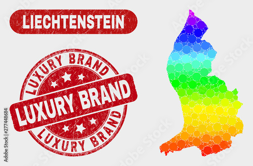Spectrum dot Liechtenstein map and stamps. Red rounded Luxury Brand grunge seal. Gradiented spectrum Liechtenstein map mosaic of randomized spheric dots. Luxury Brand watermark with grunge texture.