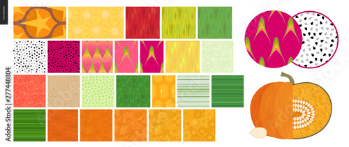 Food patterns - vegetable and fruit, flat vector illustrated seamless patterns -pineapple, dragon fruit, cucumber, tomato, potato, corn, pumpkin- leaf, peel and pulp