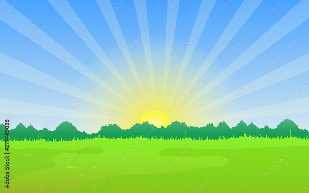 Green meadow landscape with green forest and sunrise on horizon, beautiful morning scenery vector illustration.
