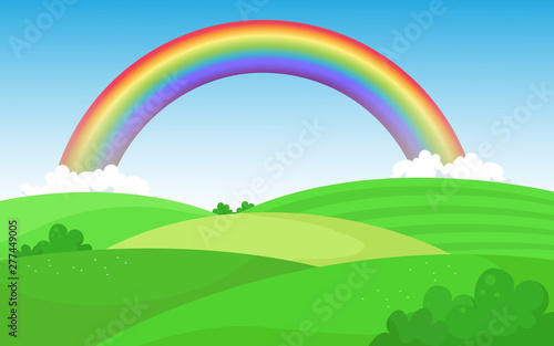 Natural landscape with rainbow on sky across green hills, beautiful sky scenery after rain. 