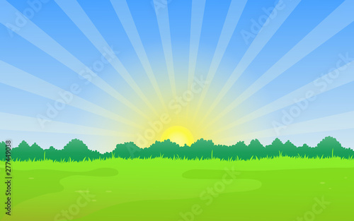 Green meadow landscape with green forest and sunrise on horizon, beautiful morning scenery vector illustration.