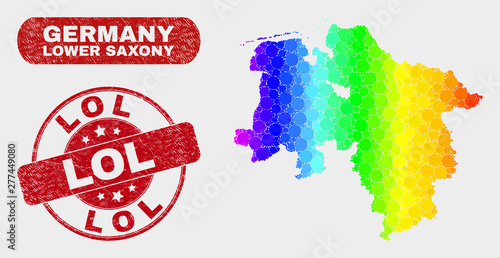 Spectral dot Lower Saxony Land map and watermarks. Red rounded Lol scratched stamp. Gradiented spectral Lower Saxony Land map mosaic of scattered round elements. Lol stamp with scratched surface.