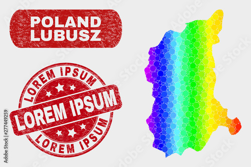 Spectrum dot Lubusz Voivodeship map and seal stamps. Red rounded Lorem Ipsum grunge seal stamp. Gradiented spectral Lubusz Voivodeship map mosaic of randomized spheric dots.