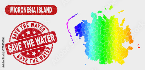 Spectral dotted Micronesia island map and stamps. Red rounded Save the Water textured seal stamp. Gradient spectral Micronesia island map mosaic of scattered small circles.