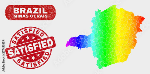 Rainbow colored dot Minas Gerais State map and watermarks. Red rounded Satisfied textured seal. Gradient rainbow colored Minas Gerais State map mosaic of randomized round dots.