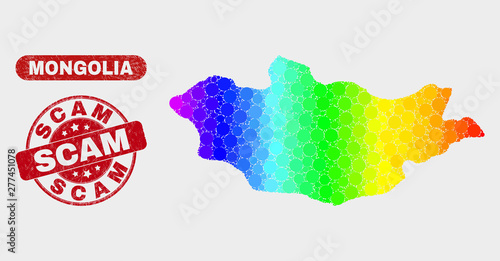 Spectral dotted Mongolia map and seals. Red rounded Scam scratched watermark. Gradiented spectral Mongolia map mosaic of scattered small spheres. Scam seal with scratched texture.