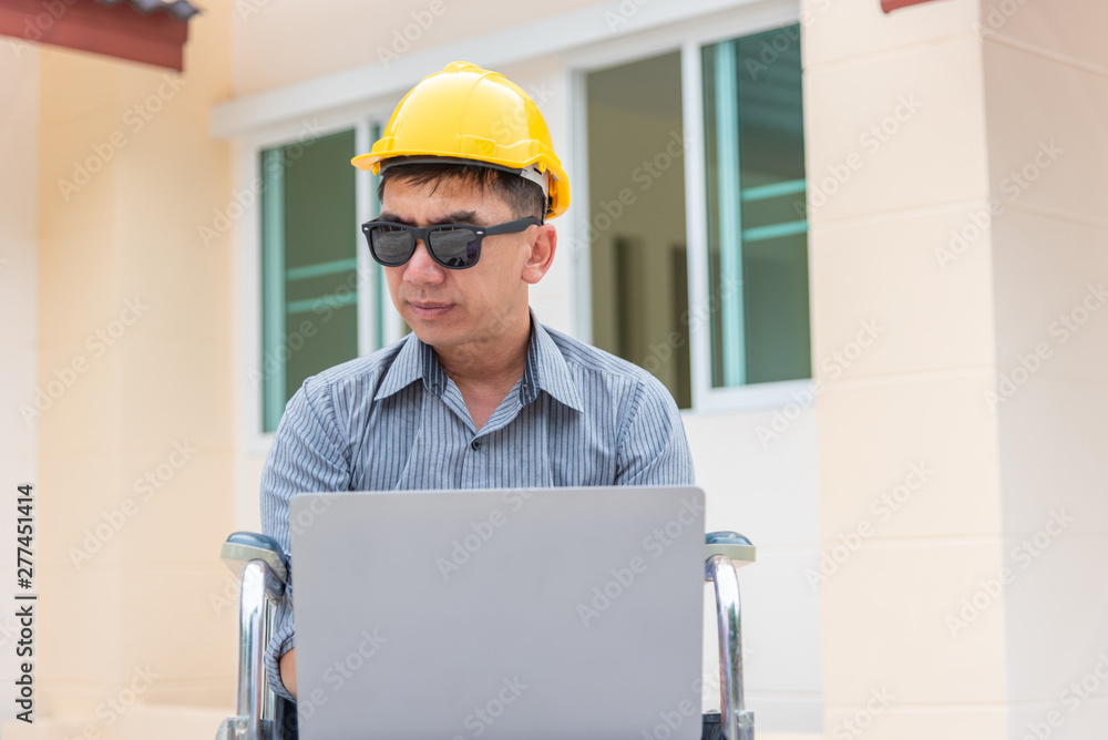 Middle-age Asian person work at home architect house building outdoor. Middle-age Asian person work at home architect house building outdoor.