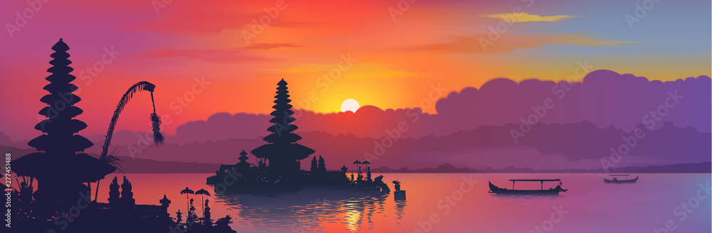 Black balinese water temples and fisherman boats silhouettes on rainbow  colors sunset sky background, vector banner illustration Stock Vector |  Adobe Stock