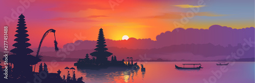 Black balinese water temples and fisherman boats silhouettes on rainbow colors sunset sky background  vector banner illustration