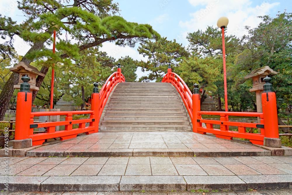 Red bridge at Sumiyoshi Taisha Shrine in Japan Red bridge at Sumiyoshi Taisha Shrine in Japan