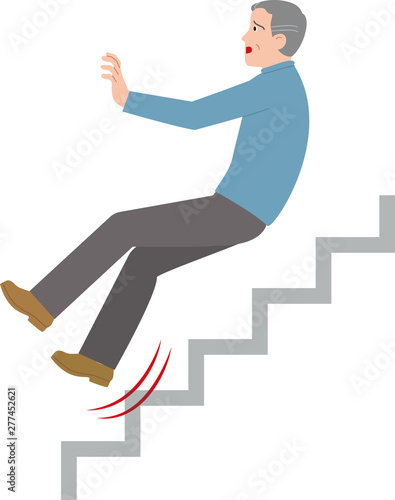 階段で滑った高齢者。ベクターイラスト。