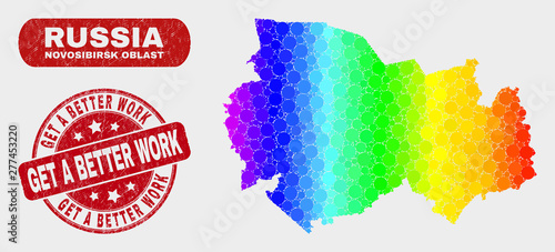 Rainbow colored dotted Novosibirsk Region map and watermarks. Red round Get a Better Work scratched seal stamp. Gradient rainbow colored Novosibirsk Region map mosaic of randomized circle.