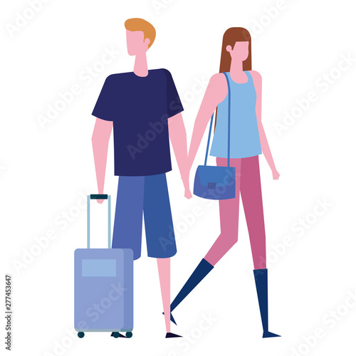 young lovers couple with travel suitcases