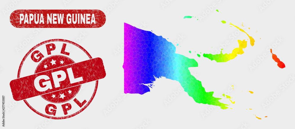 Rainbow colored dot Papua New Guinea map and rubber prints. Red rounded GPL distress seal stamp. Gradient rainbow colored Papua New Guinea map mosaic of random spheric dots.