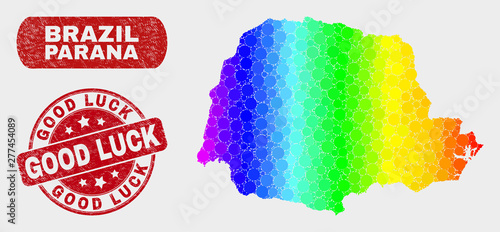 Spectral dotted Parana State map and stamps. Red round Good Luck grunge seal stamp. Gradient spectral Parana State map mosaic of scattered circle. Good Luck seal stamp with scratched surface.
