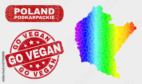 Spectral dot Podkarpackie Voivodeship map and rubber prints. Red round Go Vegan grunge seal stamp. Gradiented rainbow colored Podkarpackie Voivodeship map mosaic of scattered round elements.