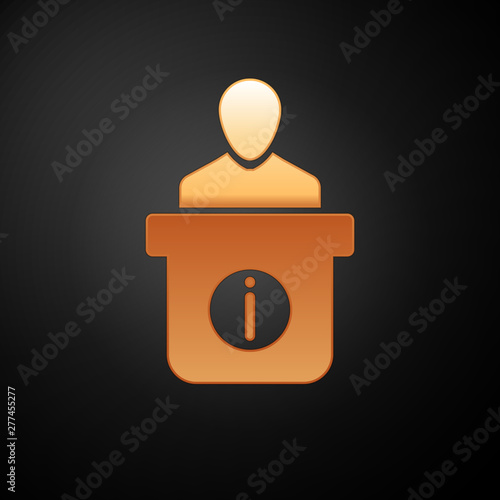 Gold Information desk icon isolated on black background. Man silhouette standing at information desk. Help person symbol. Information counter icon. Vector Illustration